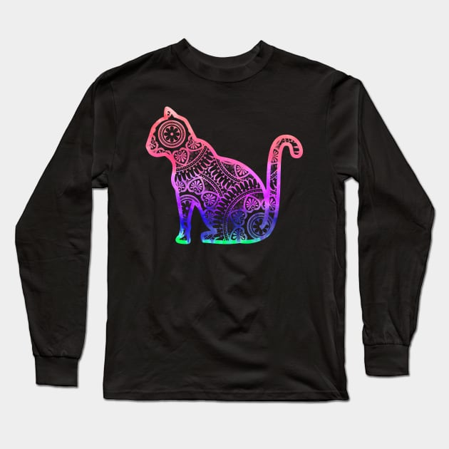 Colorful Mandala Tie-Dye Pattern In Cat Silhouette Long Sleeve T-Shirt by Nonconformist